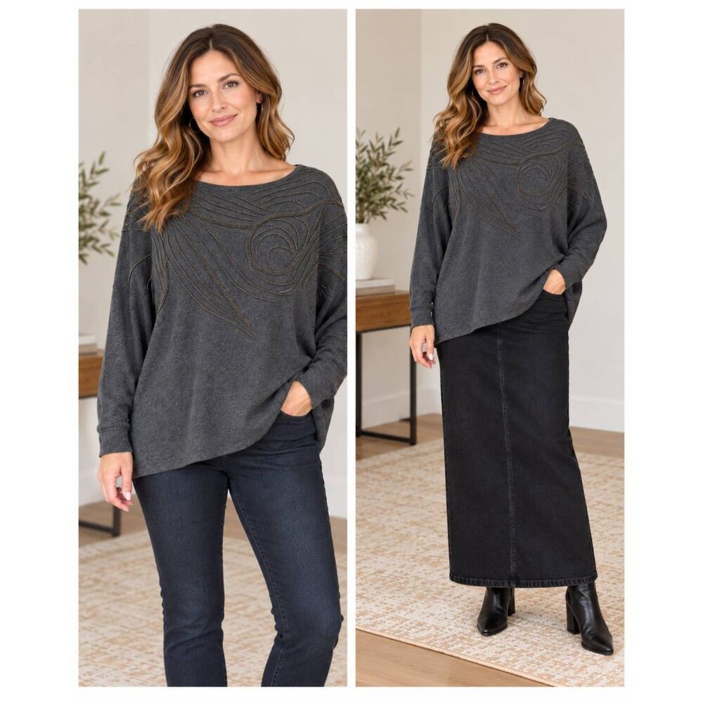 Chico’s Size 3 XL Gray Cashmere Blend Embellished Ball Chain Dolman Sweater
